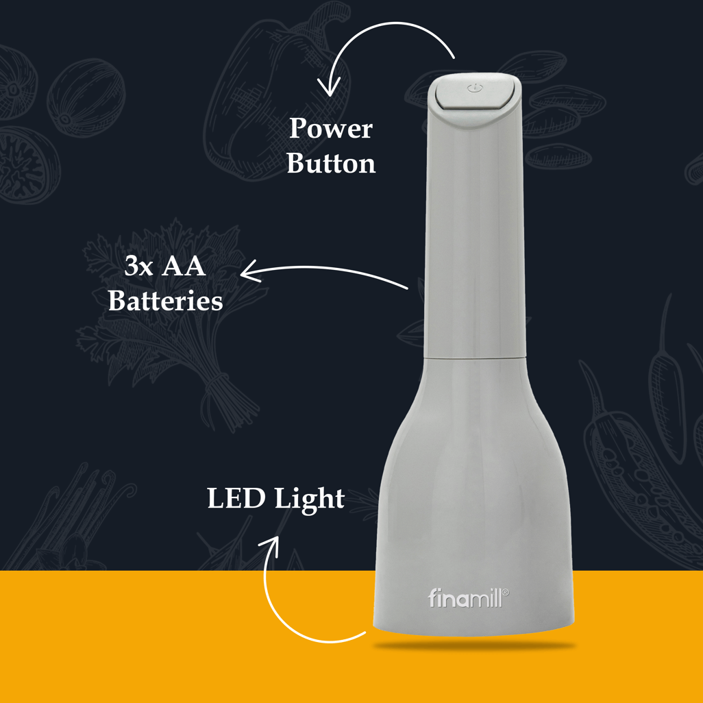 FINAMILL battery-operated grinder displaying power button, battery compartment, and LED light features.
