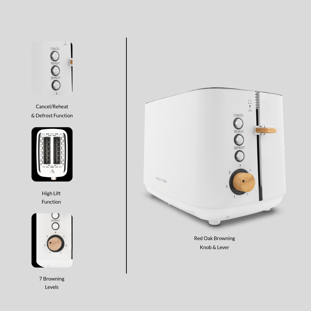 Boden Stark Anson Collection 2 Slice SSToaster in white showcasing features like high lift function and browning levels.