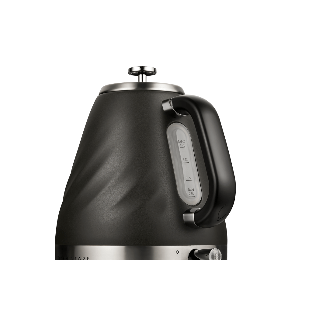 Boden Stark 1.7L charcoal stainless steel kettle with a sleek design and ergonomic handle.