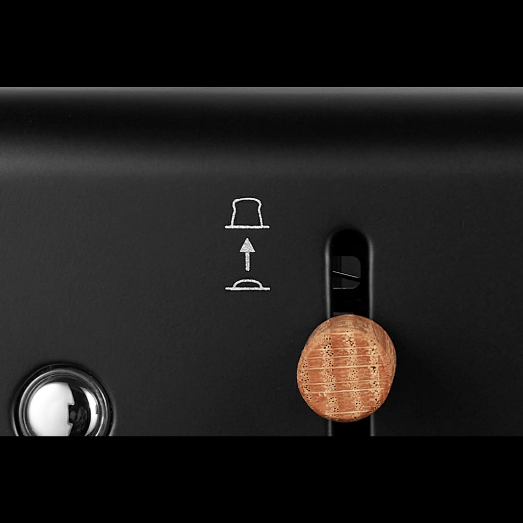 Close-up of the Boden Stark Anson toaster control panel showing lever and icon for adjusting toasting level.