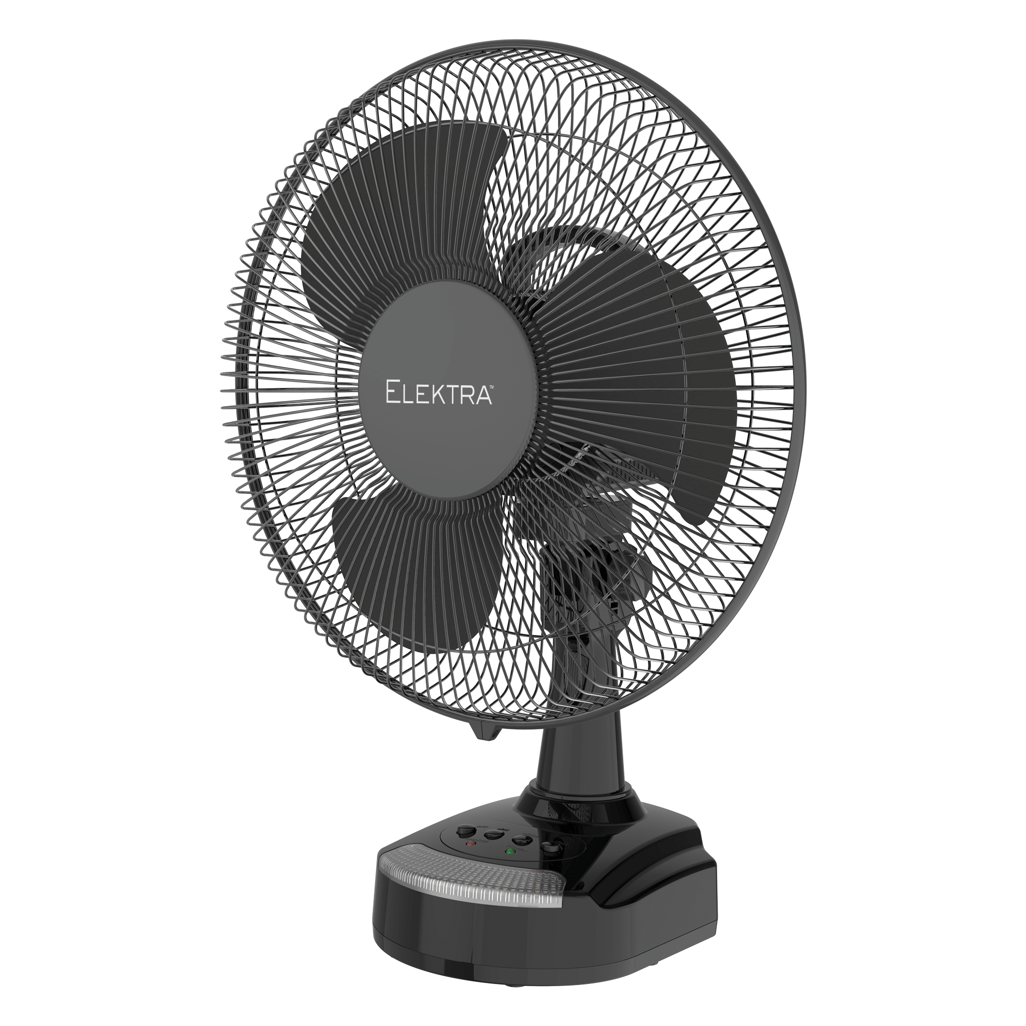ELEKTRA EVERLAST 12 inch desk fan with sleek design and adjustable speed settings for efficient cooling.
