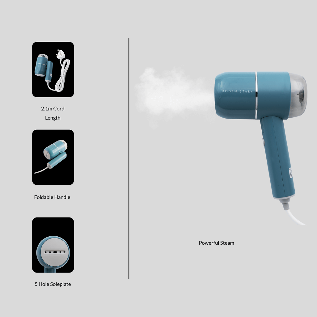 Boden Stark Handheld Steamer with powerful steam, 2.1m cord, foldable handle, and 5-hole soleplate design.