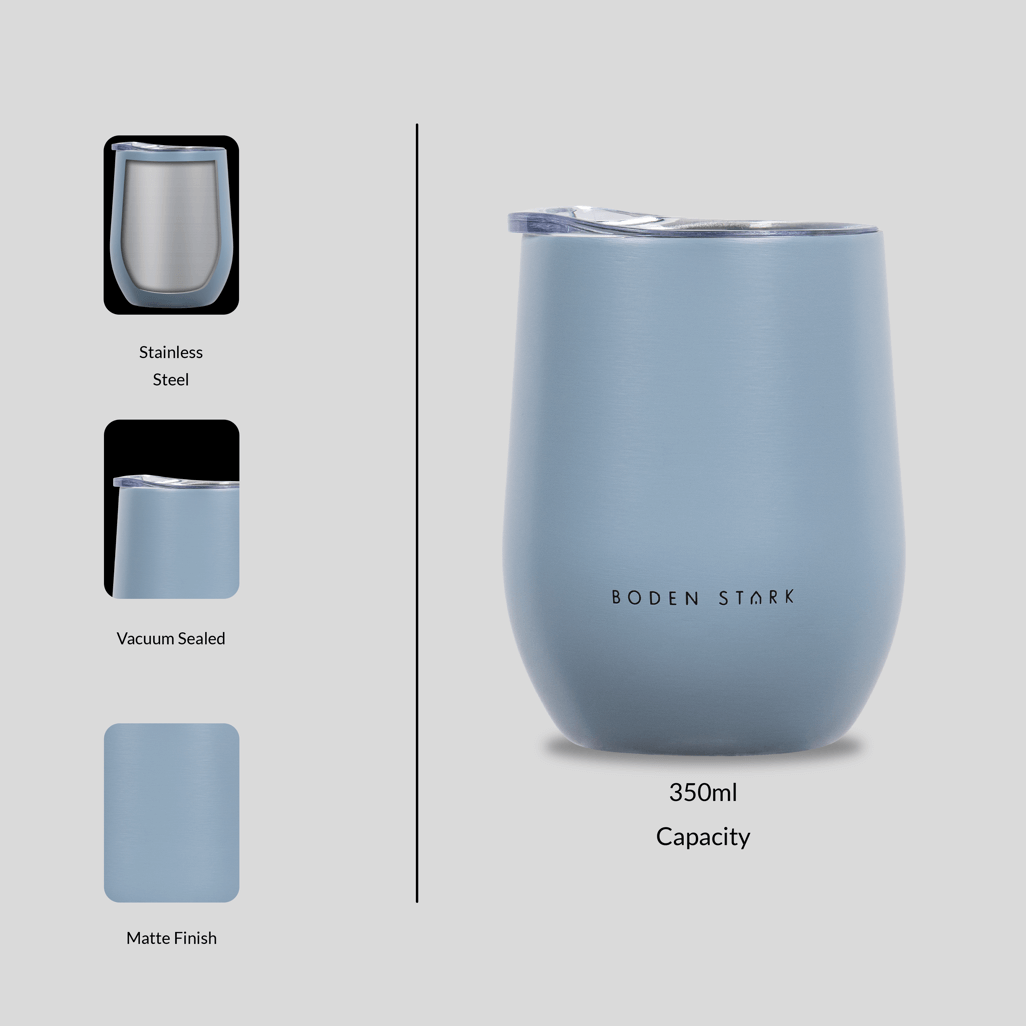 Boden Stark Tumbler 350ml in blue, stainless steel, vacuum sealed, matte finish for stylish hydration.