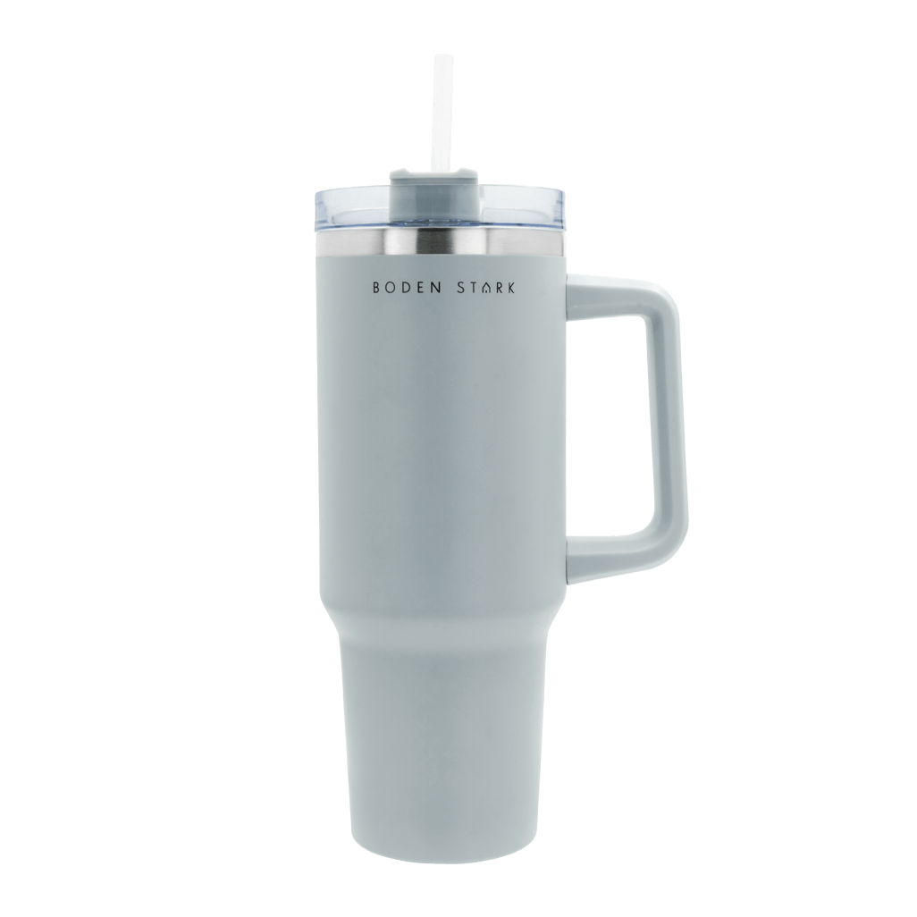 Boden Stark 1200ml Travel Mug in Grey, perfect for drinks on the go with a convenient handle and straw.
