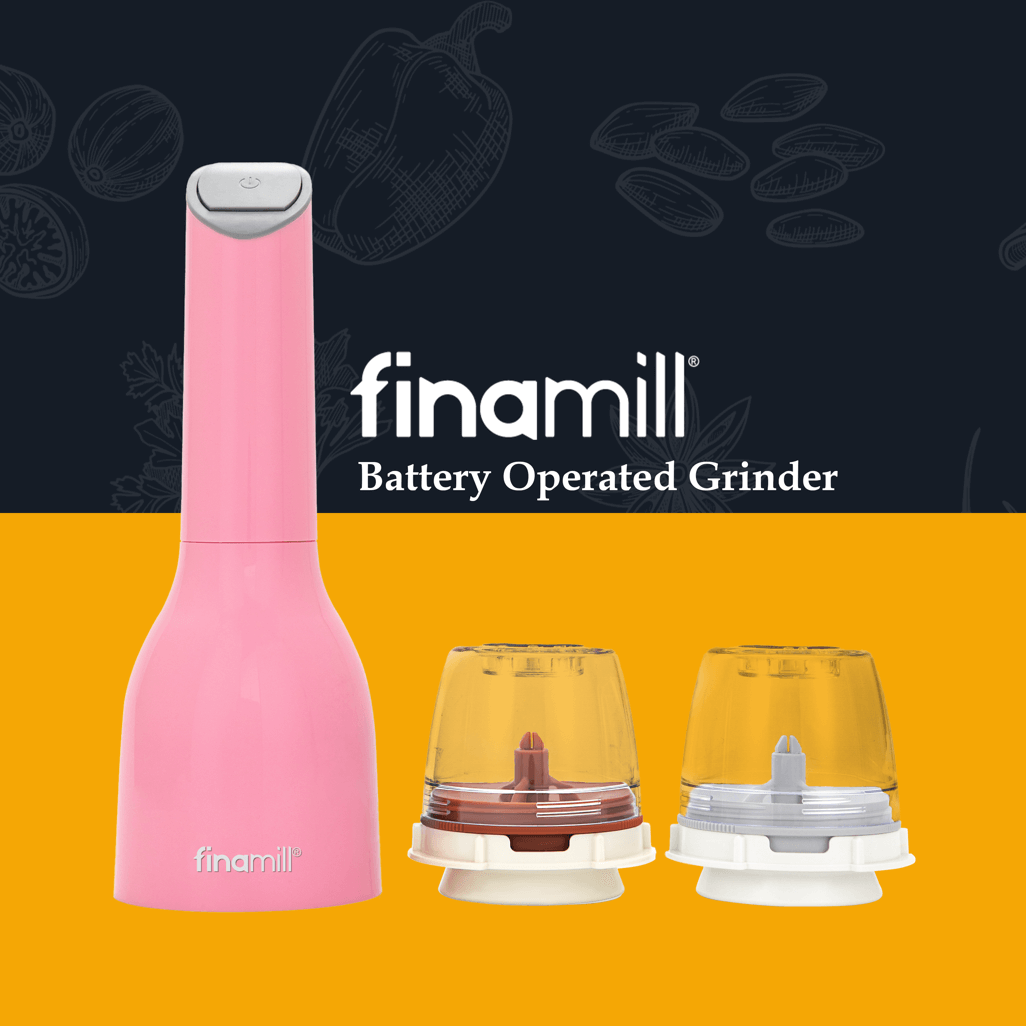 FINAMILL battery operated grinder in pink with two spice containers, perfect for on-the-go seasoning.