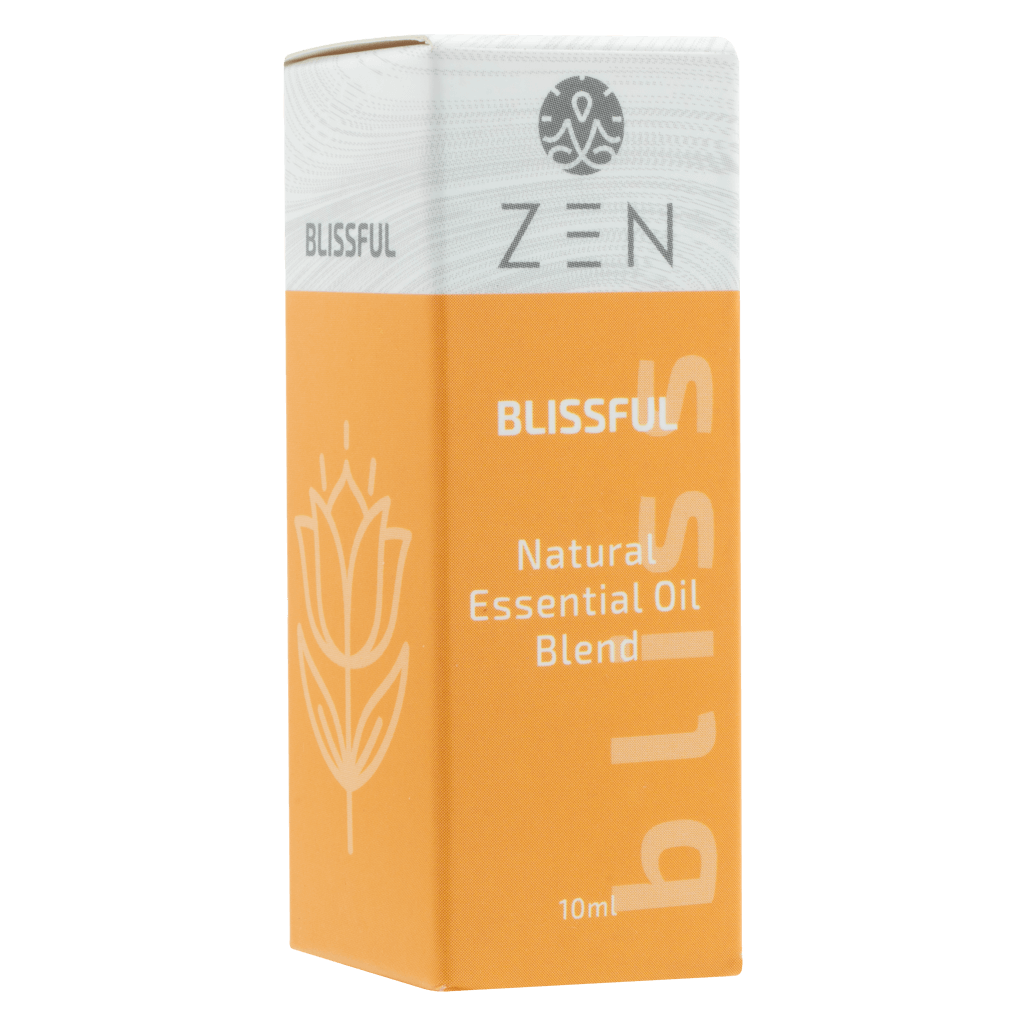 Zen Oil Blissful essential oil blend packaging, promoting relaxation and stress relief in a peaceful sanctuary.