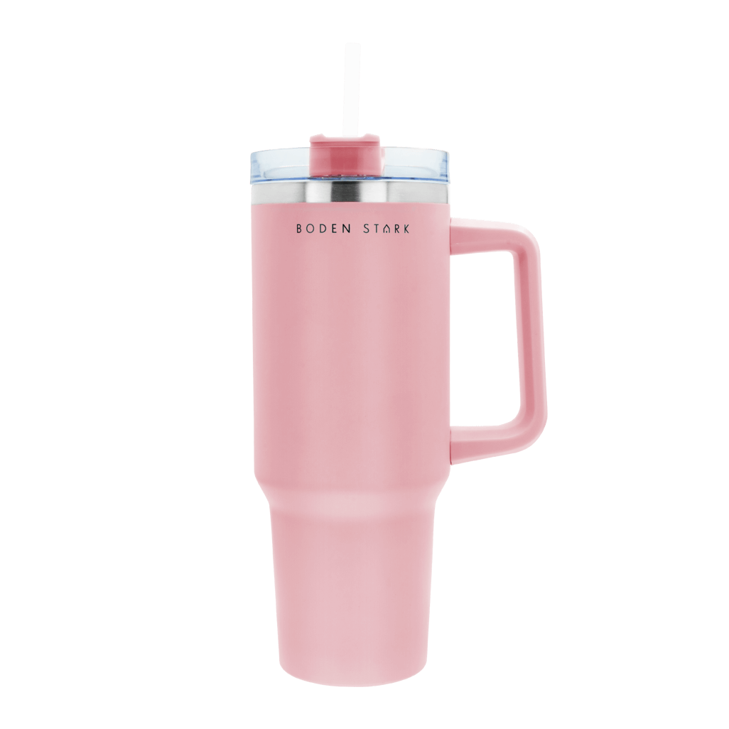 Boden Stark 1200ml pink travel mug with straw and handle, perfect for on-the-go hydration.