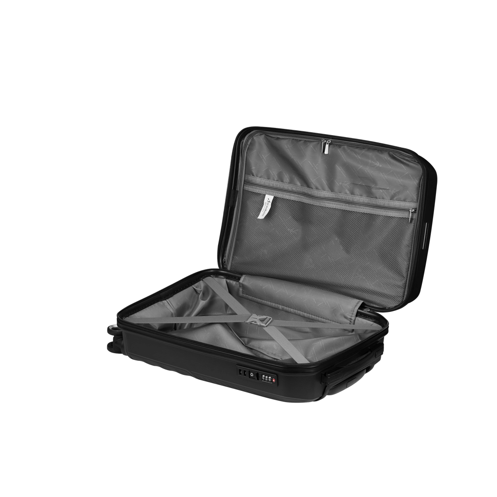 Open Travelwize Quartz PP 66cm black spinner luggage showcasing interior storage and organizational compartments.