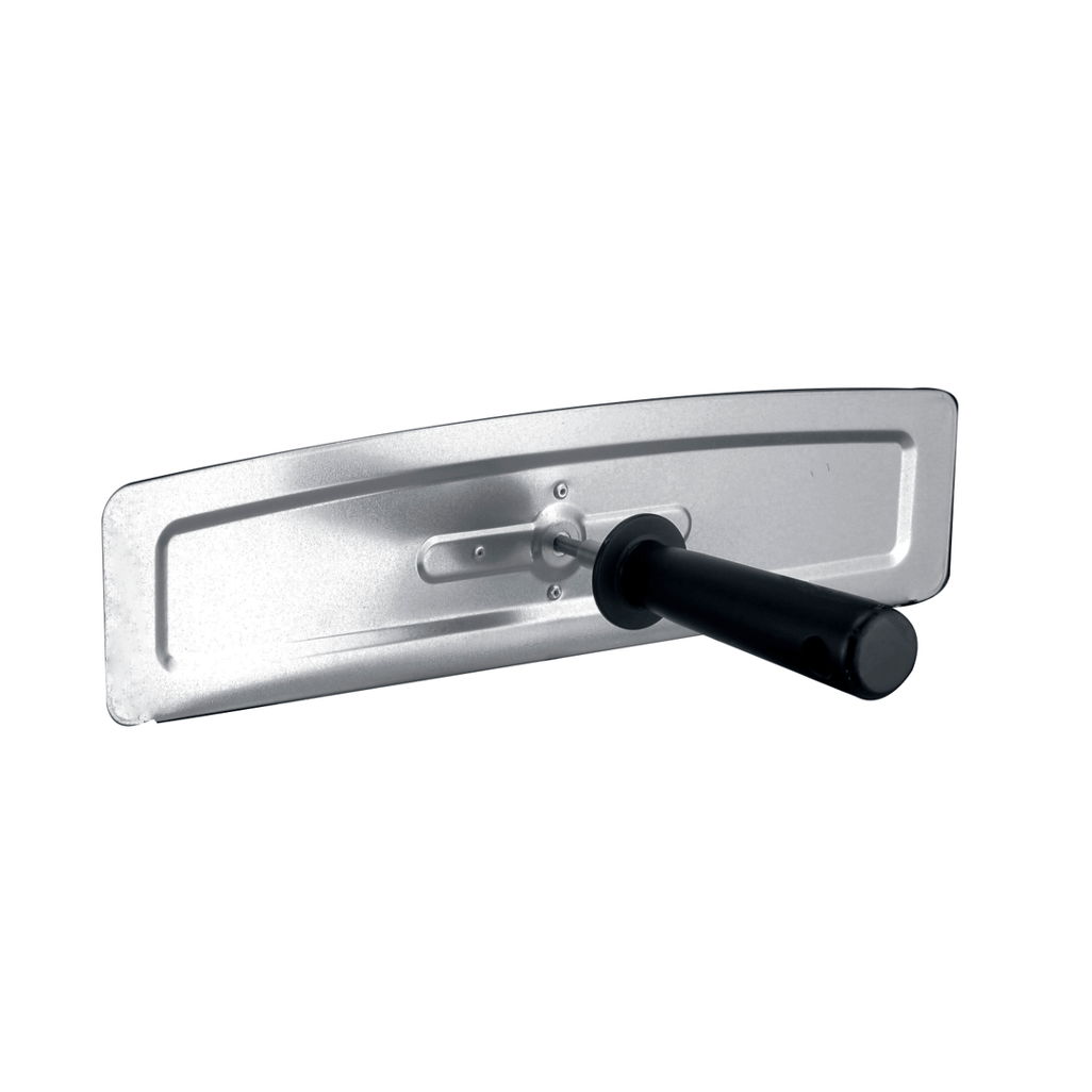 Aluminum pizza peel with a black handle, designed for transferring pizzas to and from the oven.