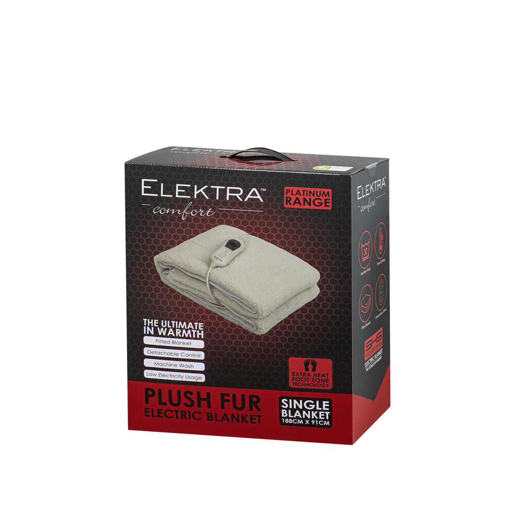 Elektra Platinum Range Plush Fur Electric Blanket packaging, featuring single size, ultimate warmth, and easy temperature control.