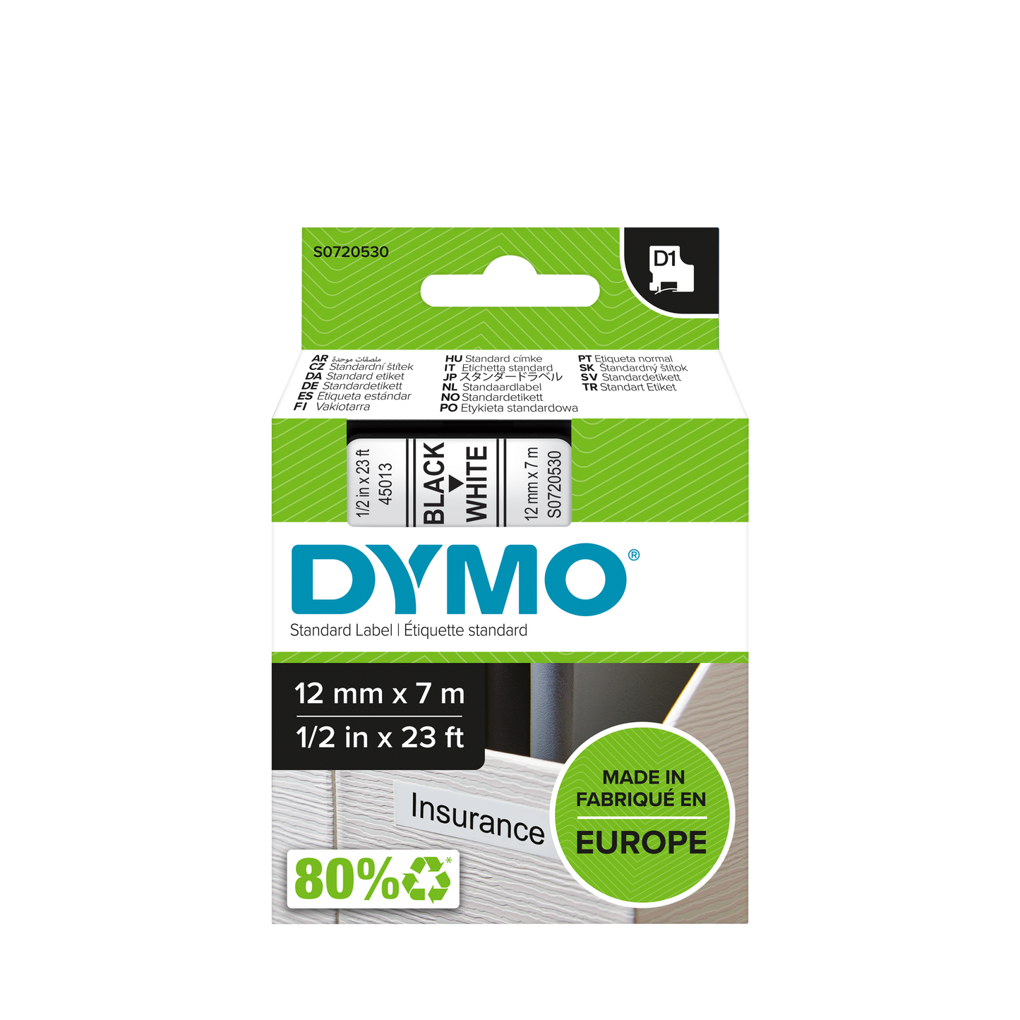 DYMO D1 Labelling Tape - Removable Polyester - Black on White - 12mmx7m