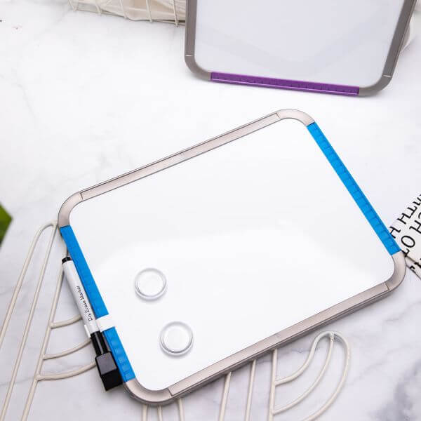 Magnetic Whiteboard Set 279x216mm Includes 1 Dry erase marker and 2 magnetic buttons. Blue and purple