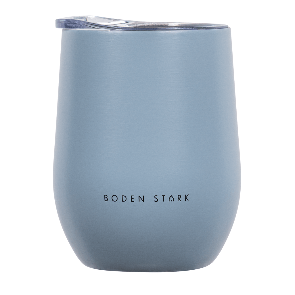 Boden Stark 350ml blue tumbler with lid, perfect for hot or cold beverages.