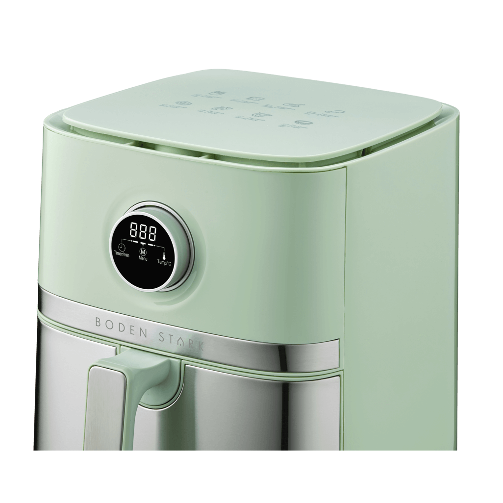 Boden Stark 5.0L Digital Air Fryer in green with digital display and control panel features.