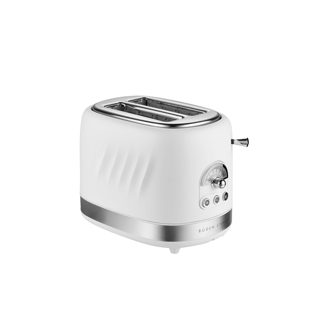 Boden Stark 2 Slice Stainless Steel Toaster in White, featuring a modern design and adjustable settings for perfect toast.
