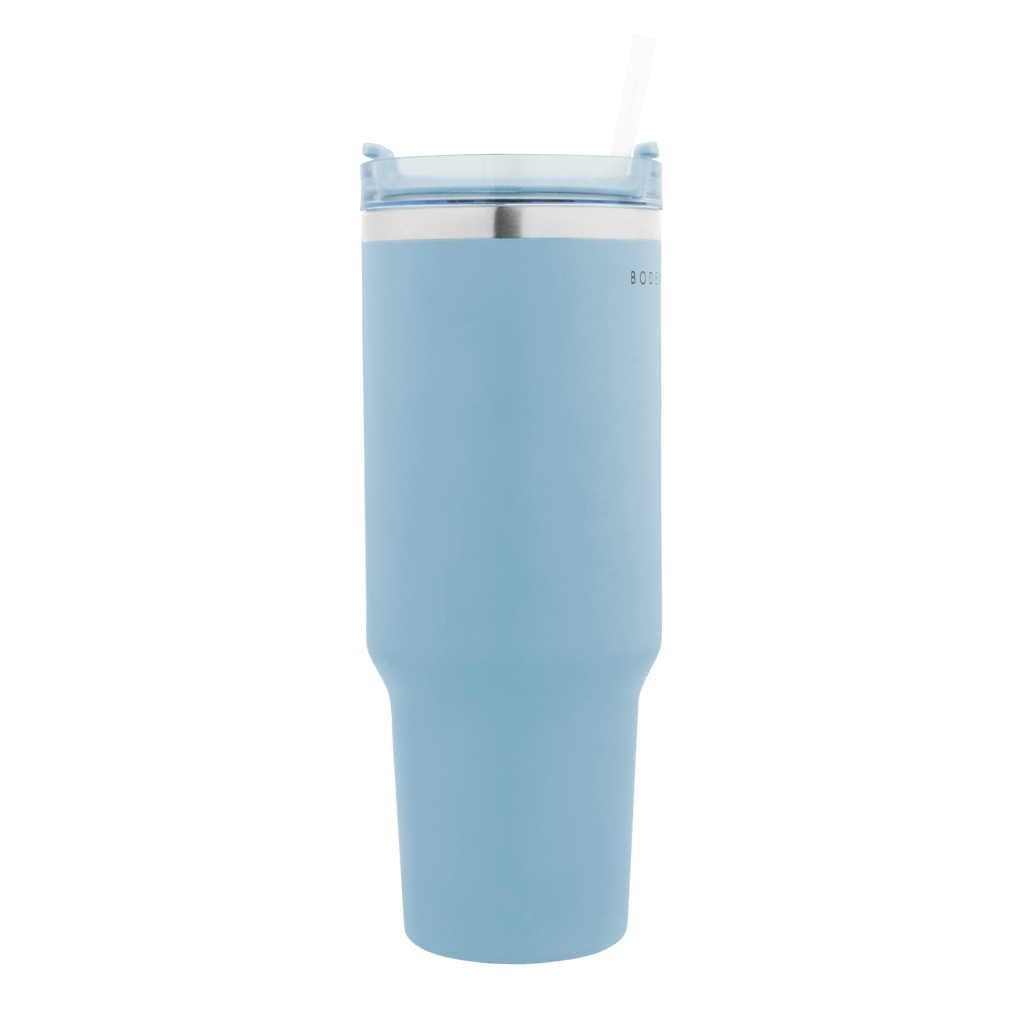 Boden Stark 1200ml Travel Mug in Blue with a straw, ideal for hot and cold beverages on the go.