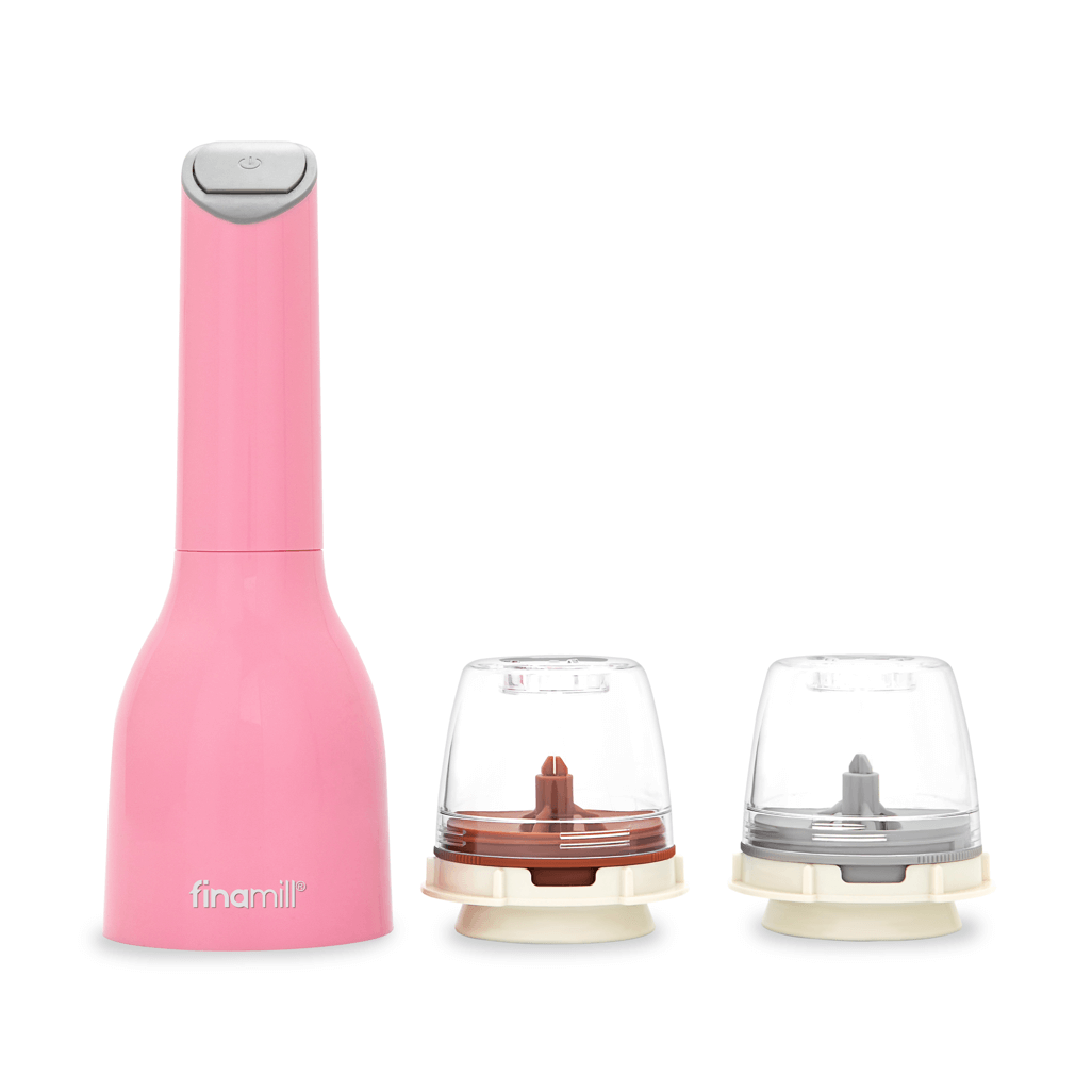 FINAMILL battery operated pink grinder with interchangeable containers for versatile grinding.