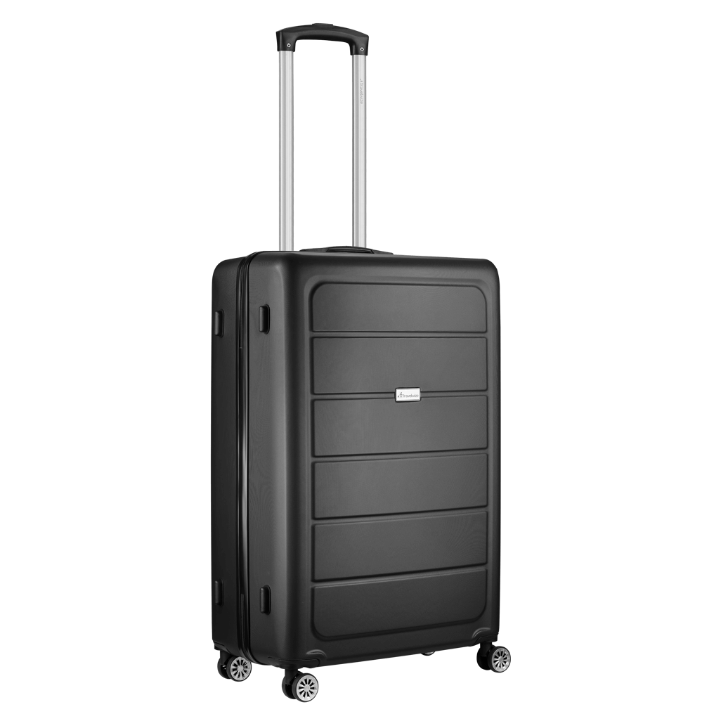 Travelwize Maple ABS 65cm black spinner luggage with four wheels for easy maneuverability.