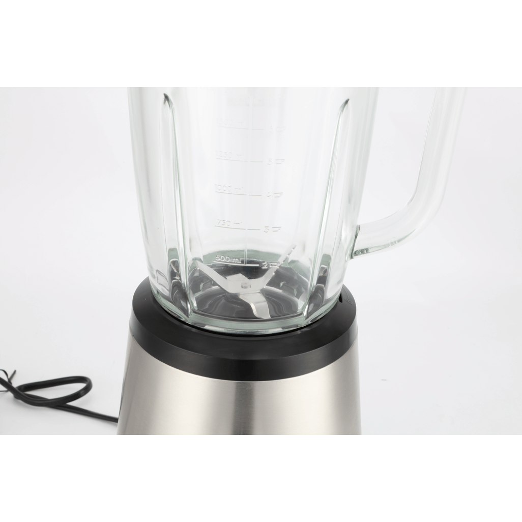 Boden Stark 1000W Glass Jug Blender featuring a sleek stainless steel base and clear glass jug for blending.