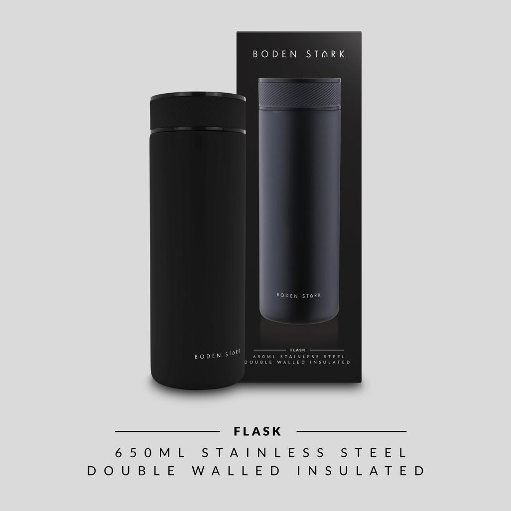Boden Stark 650ml Travel Flask in black, stainless steel, double-walled, insulated for travel.