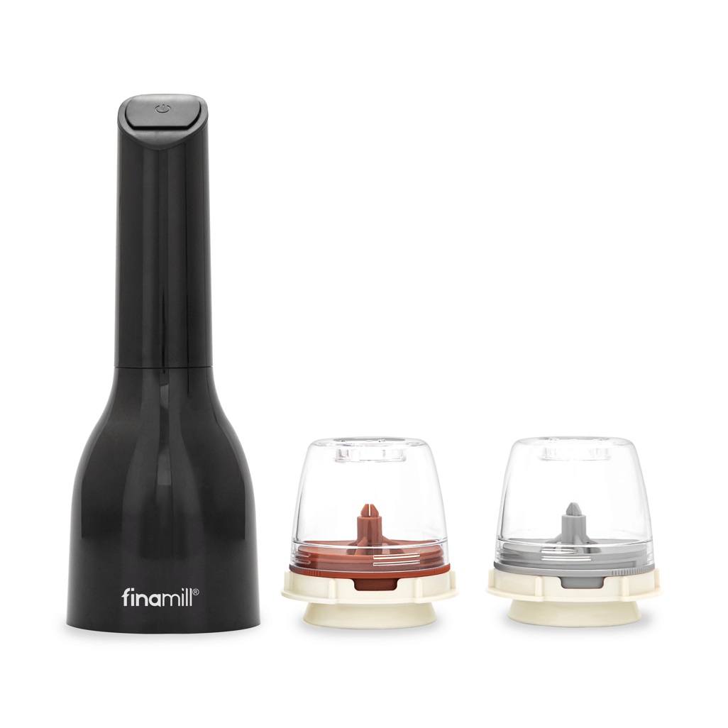 FINAMILL battery operated grinder in midnight black with two interchangeable grinding containers.