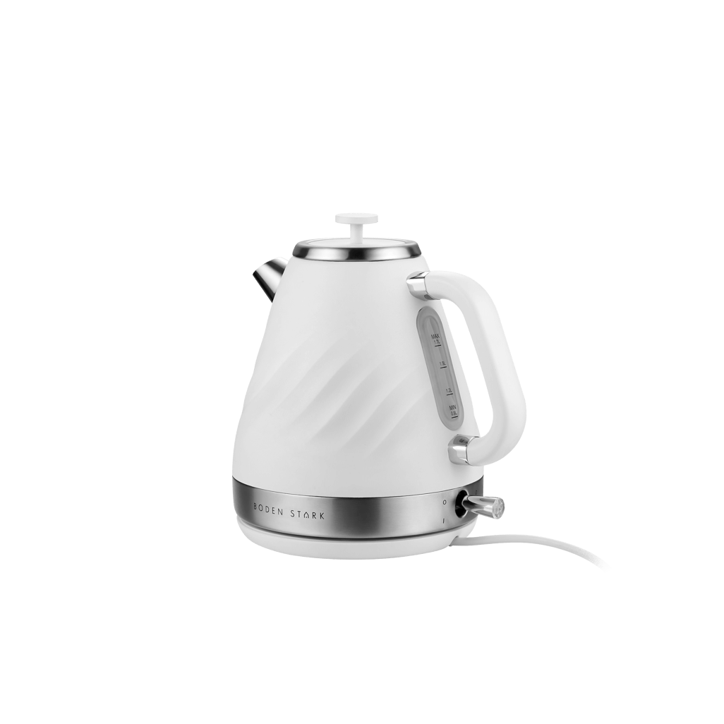 Boden Stark 1.7L Stainless Steel Kettle in white with sleek design and ergonomic handle.