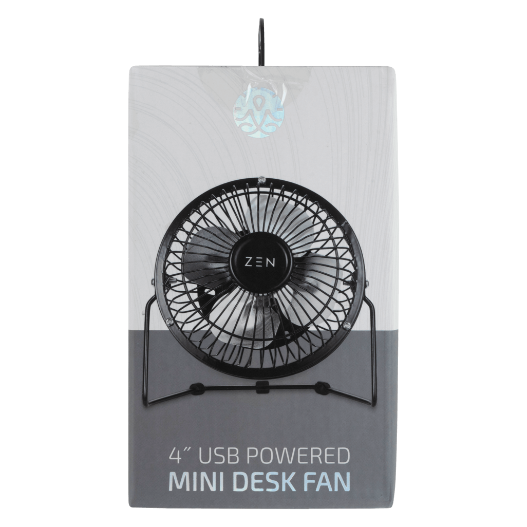 ZEN Cool series 4 inch Mini Desk Fan in black, USB powered for personal cooling at the desk or workspace.