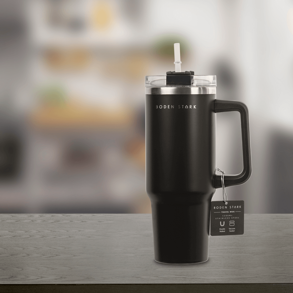 Boden Stark 1200ml Travel Mug in Black with handle and straw, designed for easy travel and hydration.