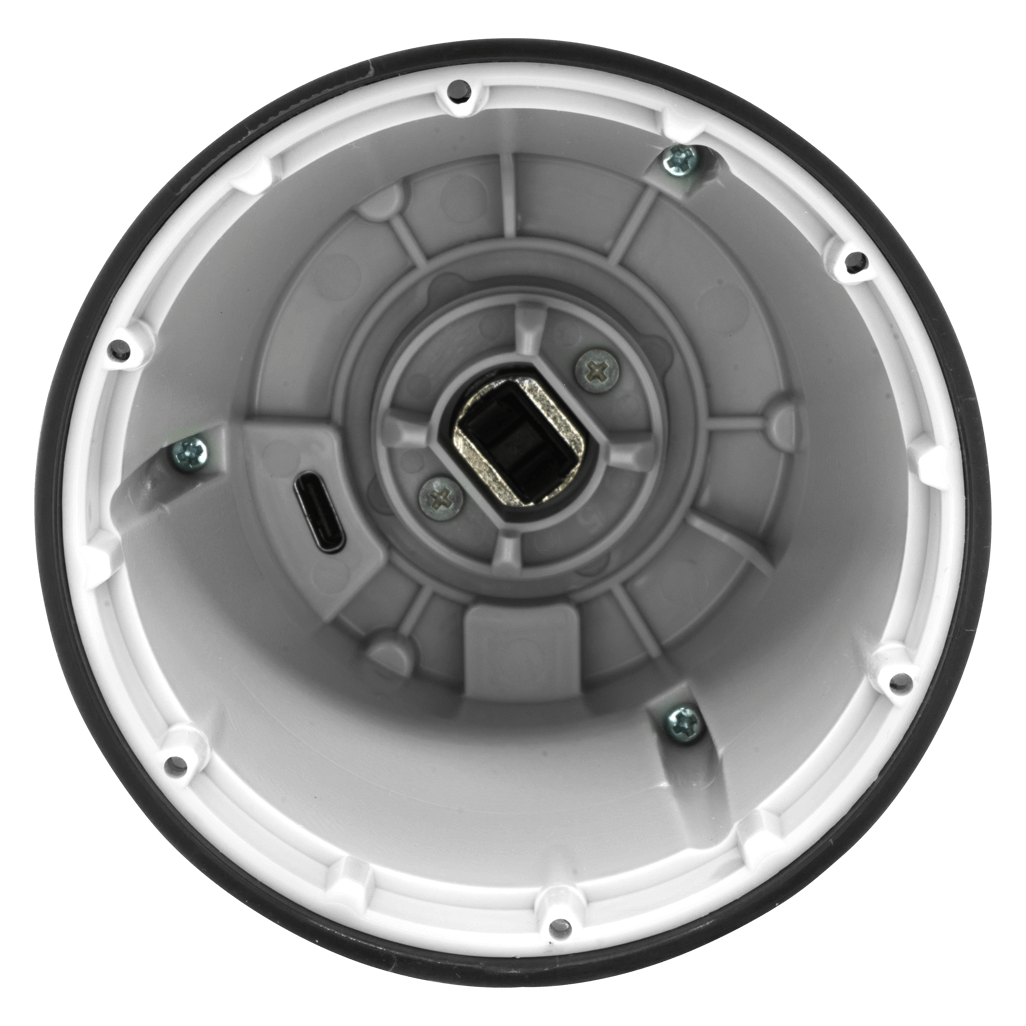 Bottom view of FINAMILL RECHARGEABLE grinder in Midnight Black showcasing internal components and USB-C charging port.