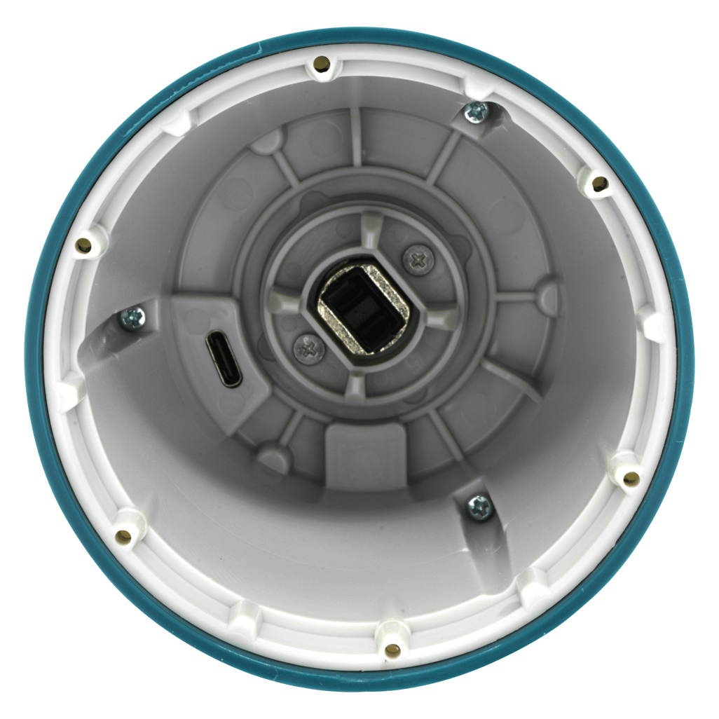Inside view of the FINAMILL RECHARGEABLE grinder in Ocean Blue, showcasing its sleek design and charging port.