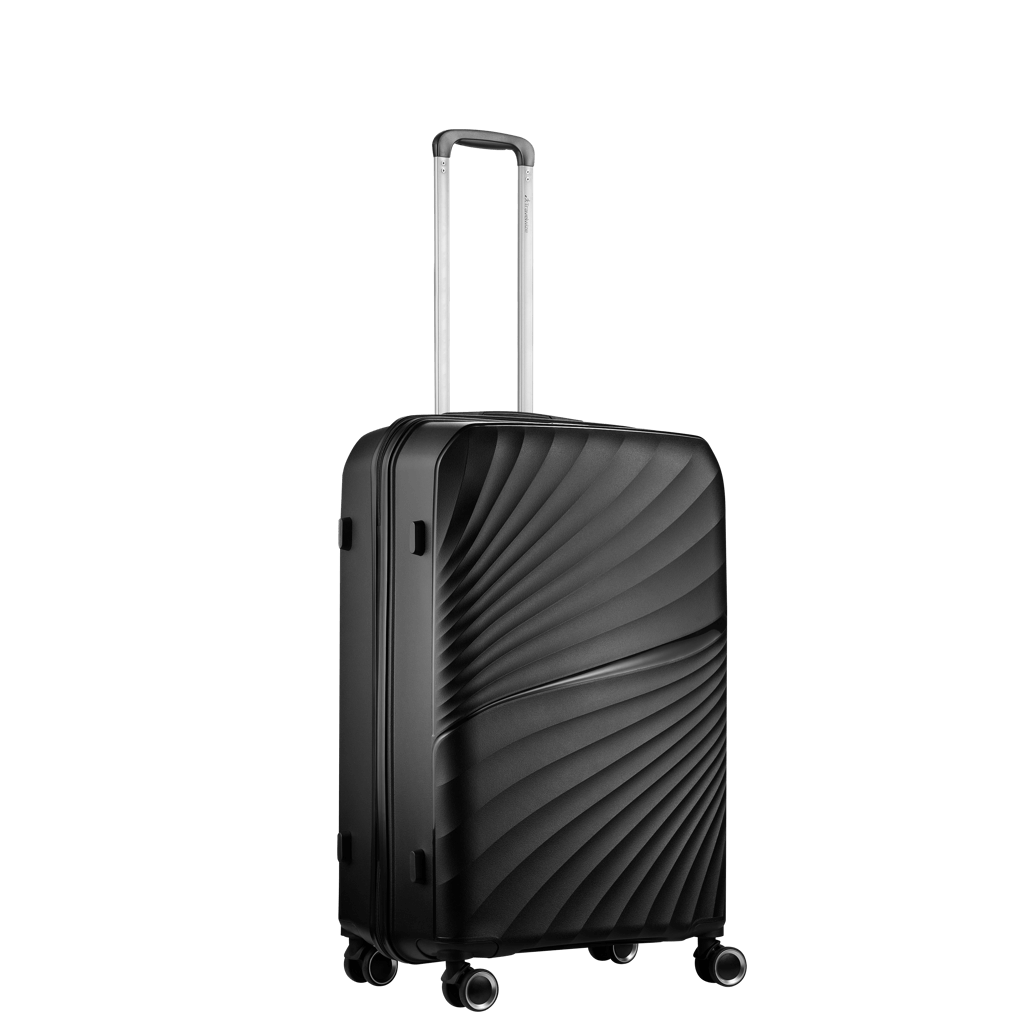 Travelwize Quartz PP 66cm black spinner luggage with 4 wheels, modern design, perfect for travel.