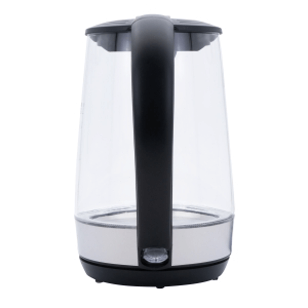 ELEKTRA 1.7L glass kettle with black handle and stainless steel base, designed for fast boiling and convenience.