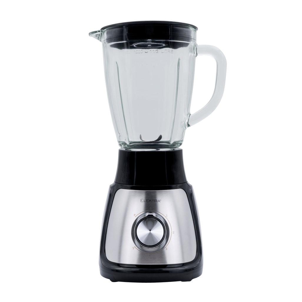 ELEKTRA 500W 1.5L glass jug blender with sleek design and control knobs for easy blending.