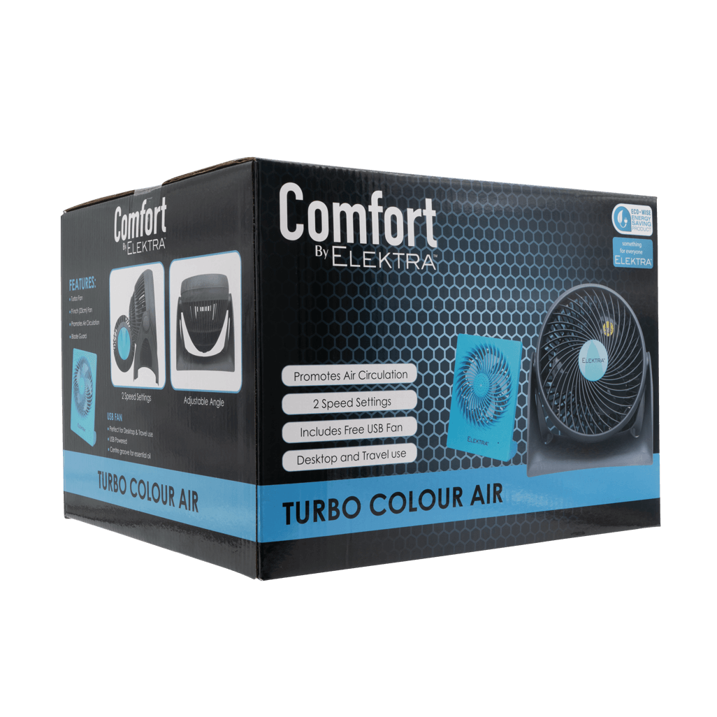 Elektra 2704 Turbo Colour Air fan packaging featuring air circulation features and USB fan included.