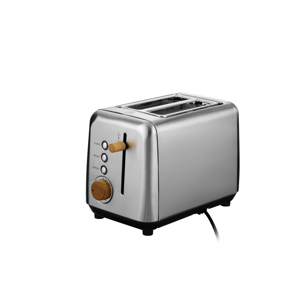 Boden Stark Anson Collection stainless steel toaster with red oak knobs and 7-level browning control for perfect toast.