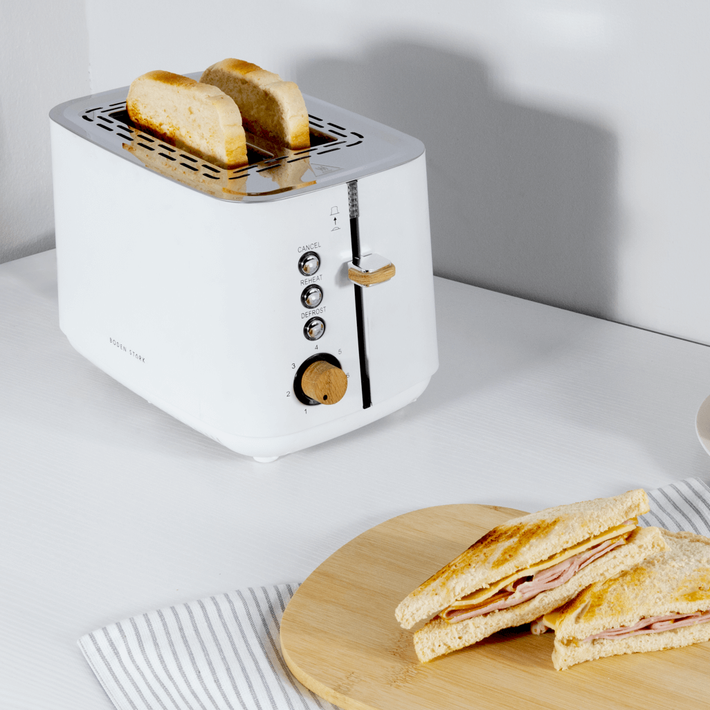 Boden Stark Anson Collection 2 Slice Stainless Steel Toaster in white with toasting bread.