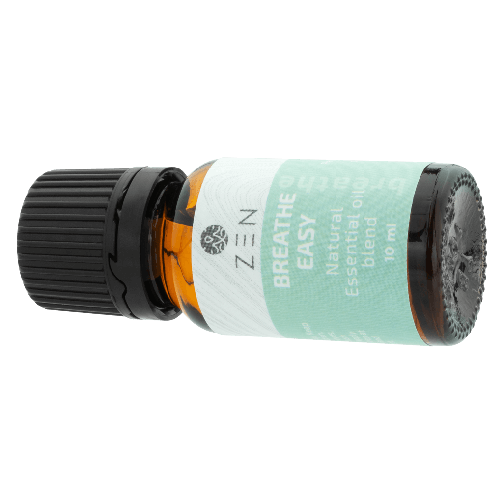 Zen Oil Breathe Easy essential oil blend in a 10 ml bottle, promoting natural respiratory support and relaxation.