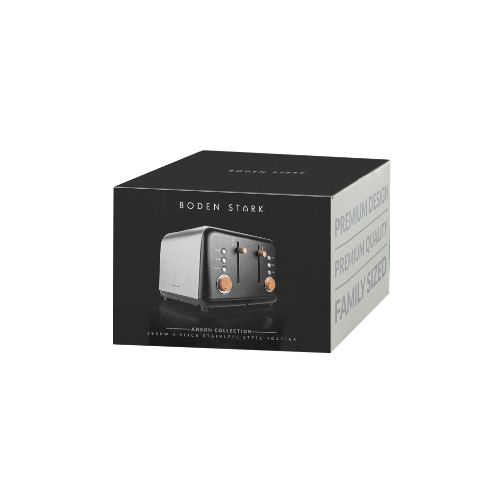 Boden Stark Anson Collection 4 Slice Stainless Steel Toaster packaging in black, showcasing premium design and quality.