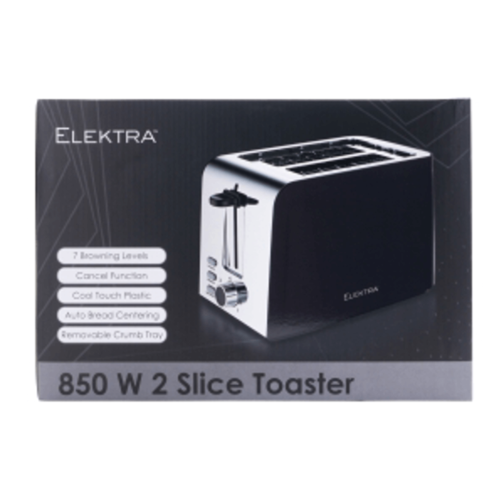 Elektra 2 Slice Toaster box showcasing features like 7 browning levels and cool touch plastic design.