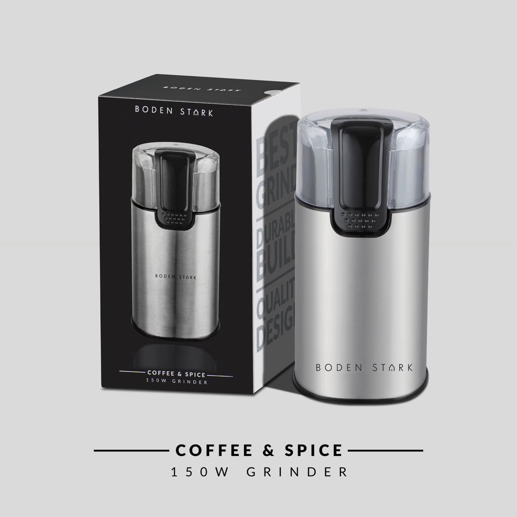 Boden Stark 150W coffee and spice grinder in sleek design with packaging, ideal for grinding fresh spices and coffee.