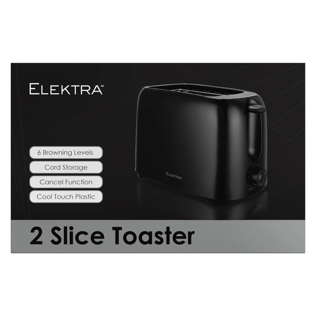ELEKTRA Basic 700W 2 Slice Toaster in black with 6 browning levels and cool touch plastic design.