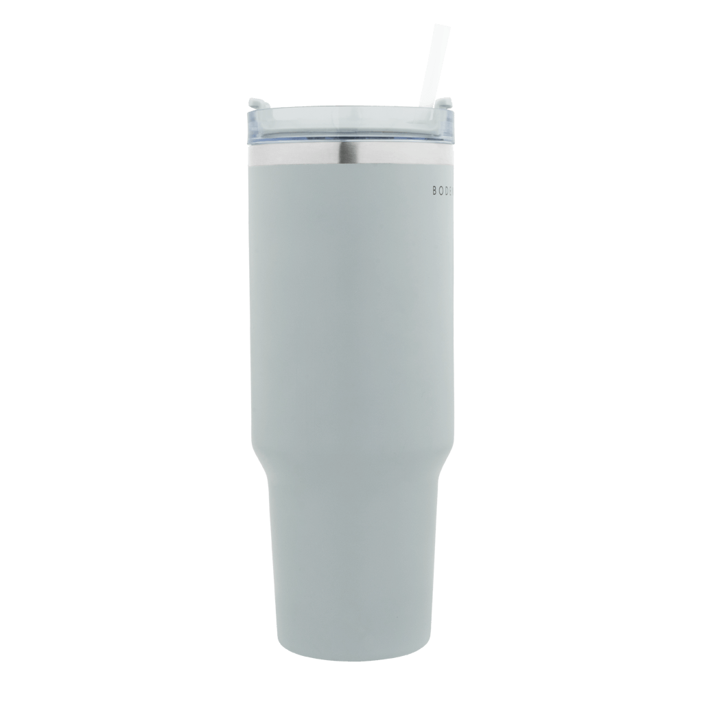 Boden Stark 1200ml Travel Mug in Grey with a clear lid and straw, perfect for on-the-go hydration