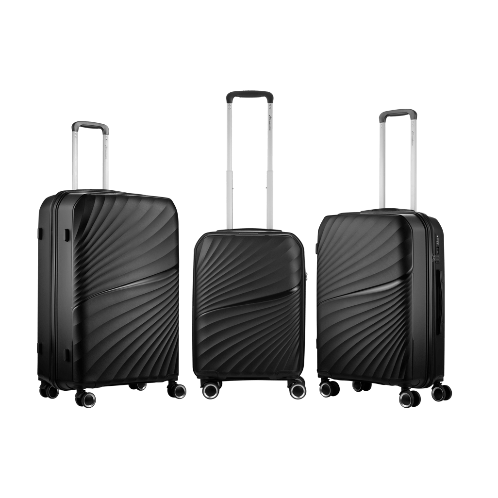 Travelwize Quartz PP 76cm black spinner luggage with four wheels, showcasing a stylish design and durable construction.