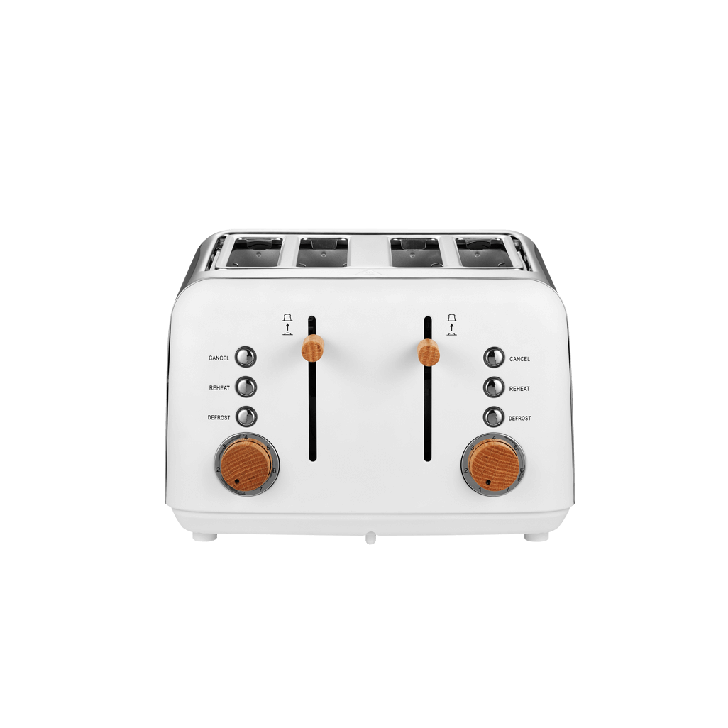 Boden Stark Anson Collection 4 Slice Toaster in white with red oak knobs and stainless steel finish, featuring 7 browning levels.