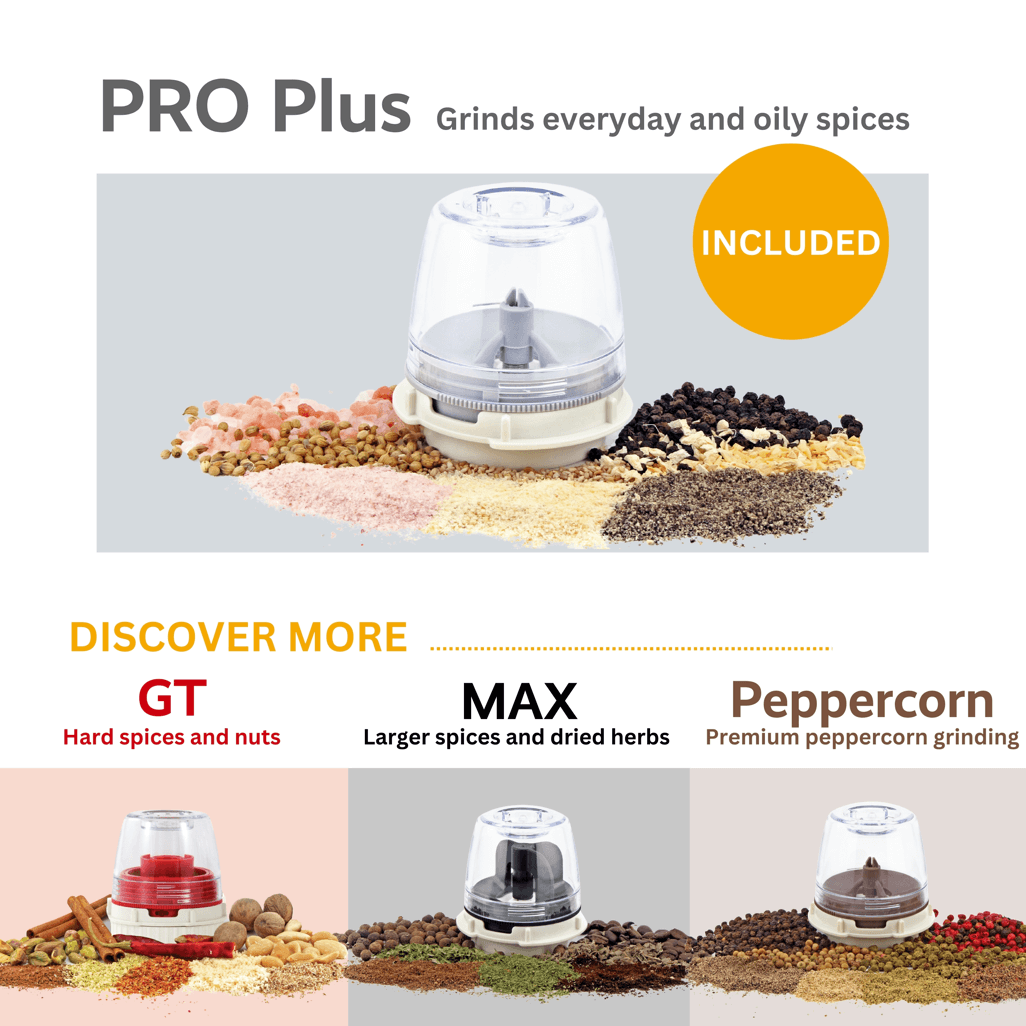 FinaPod Pro Plus grinding spices, featuring GT for nuts, MAX for dried herbs, and premium peppercorn grinding.