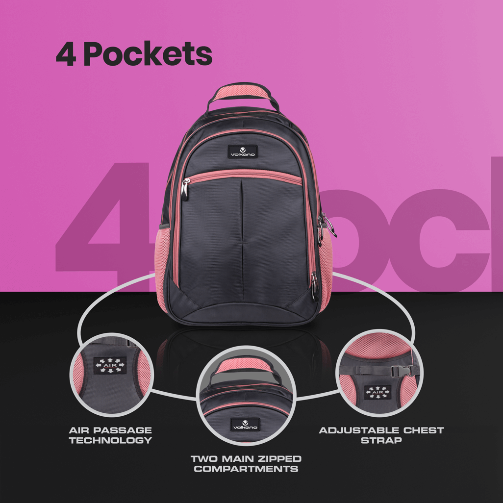 Volkano Orthopaedic Backpack 36L - Dark Grey/ Pink
