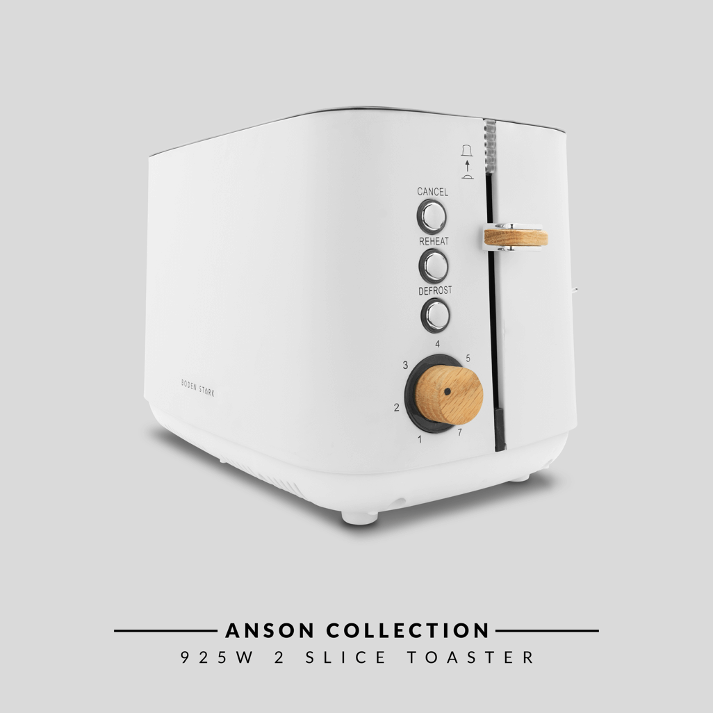 Boden Stark Anson Collection 2 Slice SSToaster in white, featuring controls for cancel, repeat, and defrost.