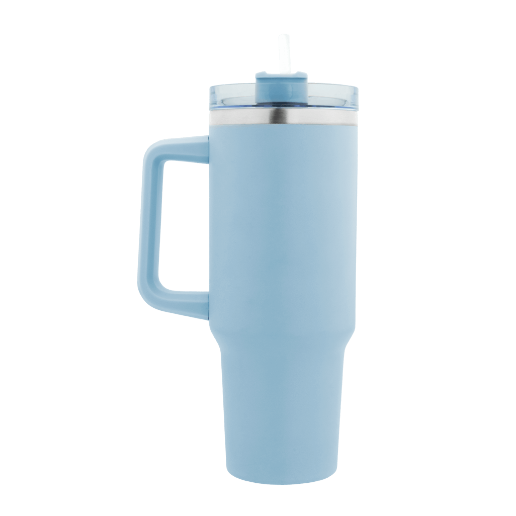 Boden Stark 1200ml Travel Mug in blue with a comfortable handle and straw for easy sipping on the go.