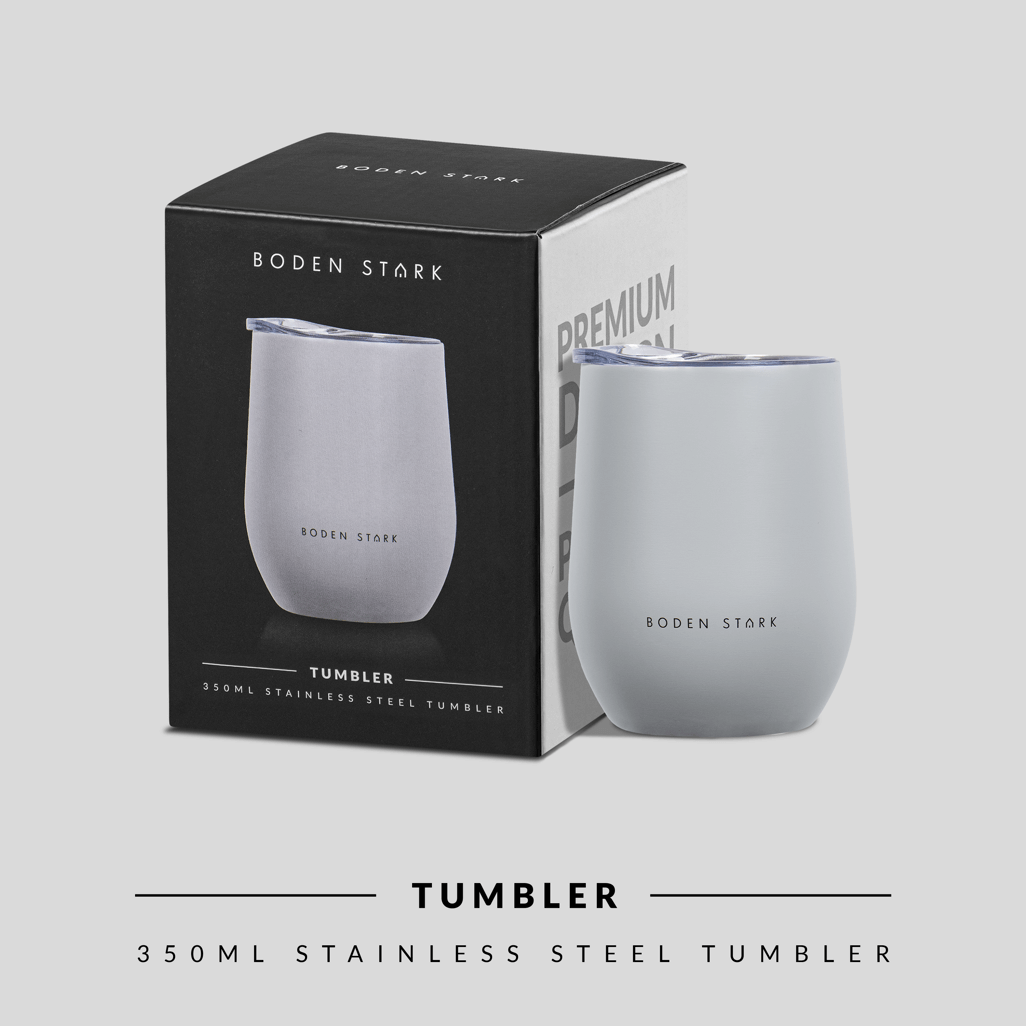 Boden Stark 350ml grey tumbler with packaging, stainless steel, perfect for hot and cold beverages.