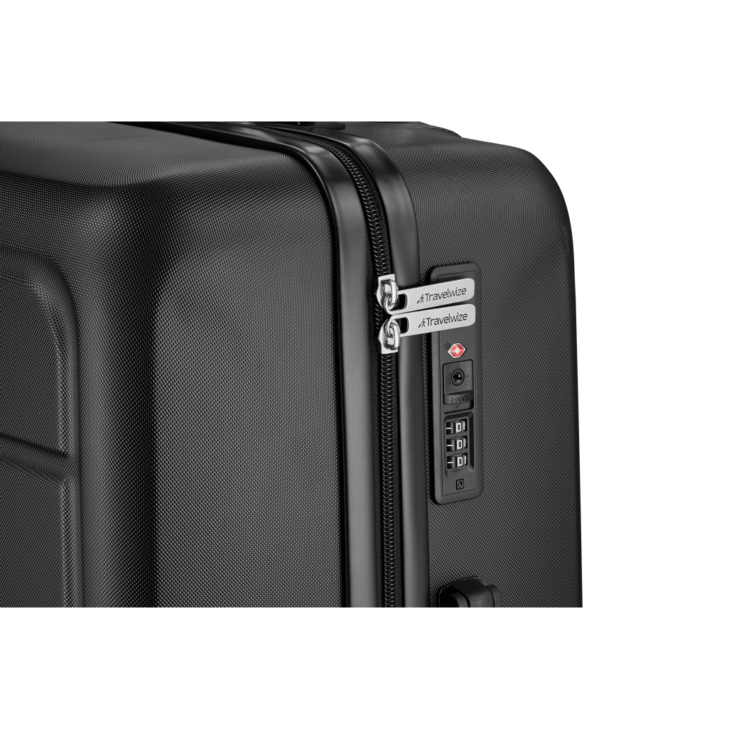 Close-up of Travelwize Maple ABS black luggage detailing the zippers and TSA lock features.